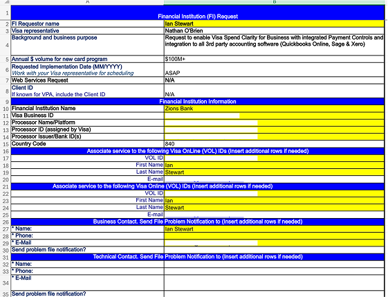 Legacy Financial Institution Request spreadsheet